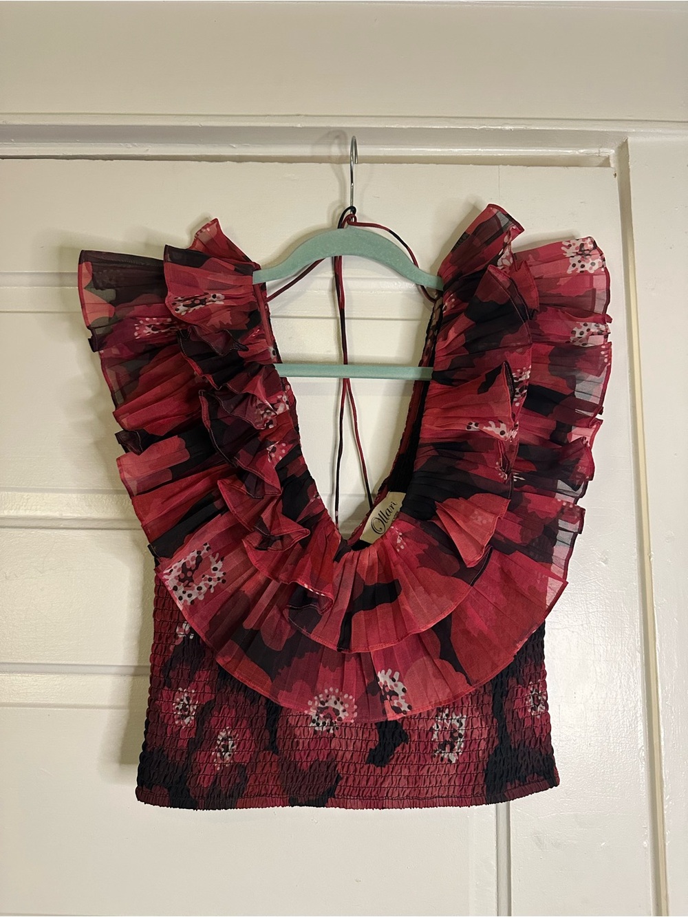 Anthropologie Ollari Ruffled Deep V Crop Top in Red Floral